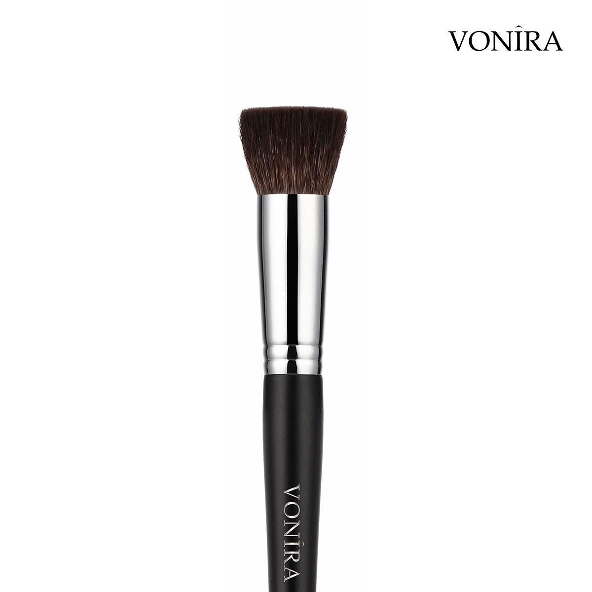 Vonira Beauty Custom Wholesale Flat Top Pressed Compact Powder Makeup Brush With Gray Squirrel Hair Silver Copper Ferrule Wooden Handles