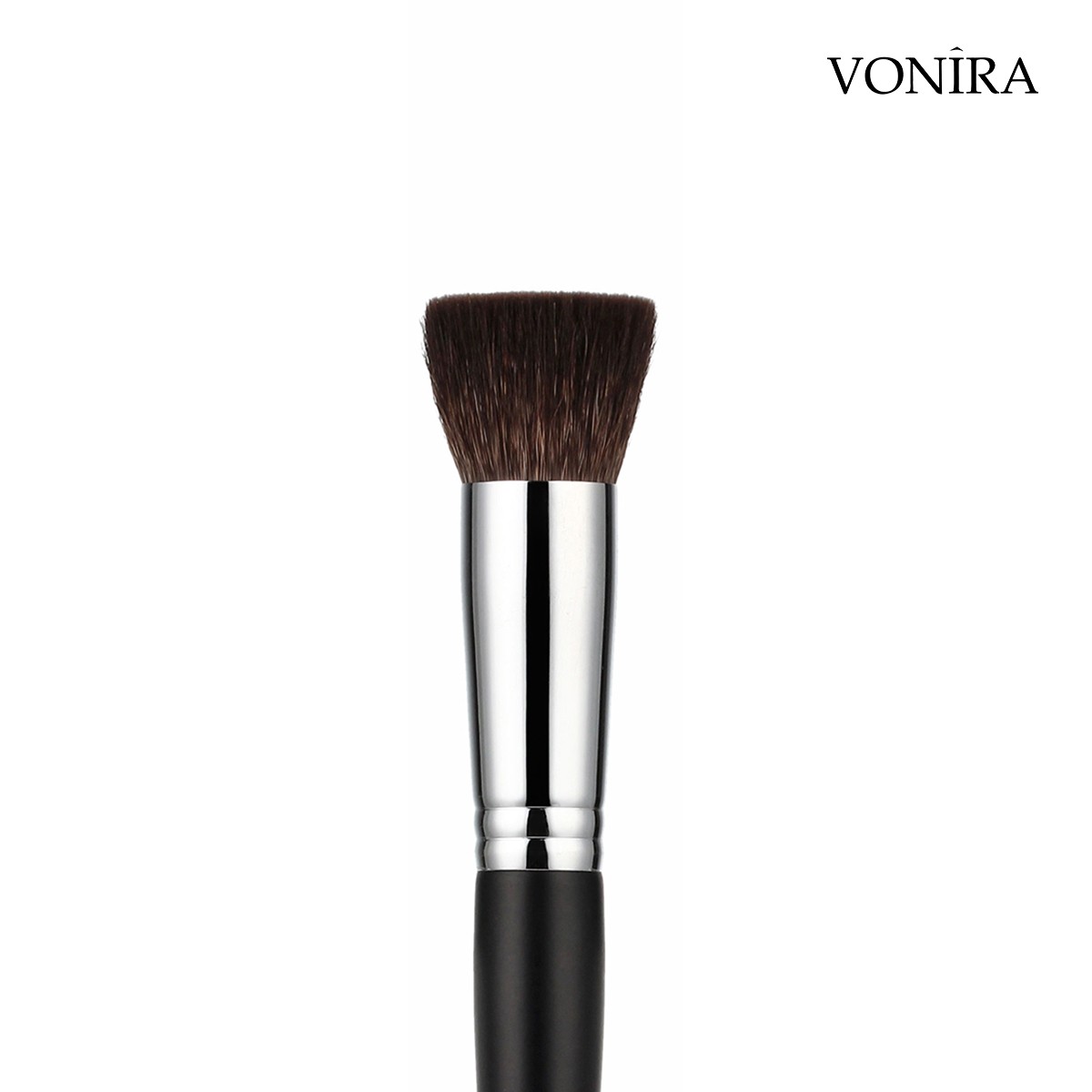 Vonira Beauty Custom Wholesale Flat Top Pressed Compact Powder Makeup Brush With Gray Squirrel Hair Silver Copper Ferrule Wooden Handles