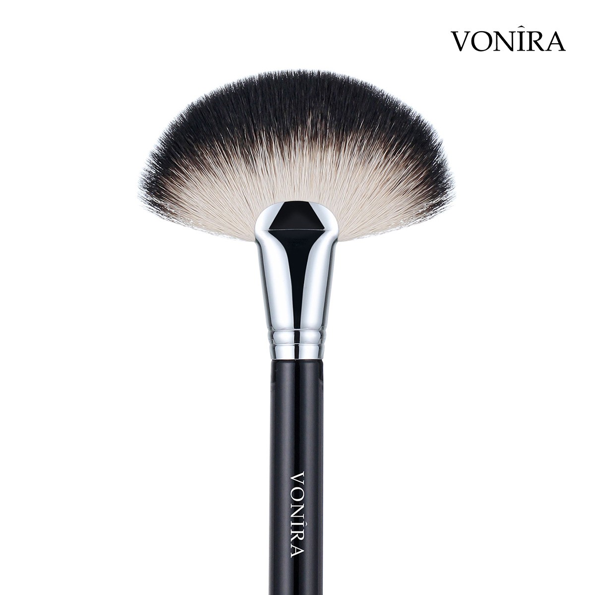 Vonira Beauty Deluxe Large Fan Powder Brush With Matte Black Copper Ferrule Handle Custom Private Label Make up Brushes