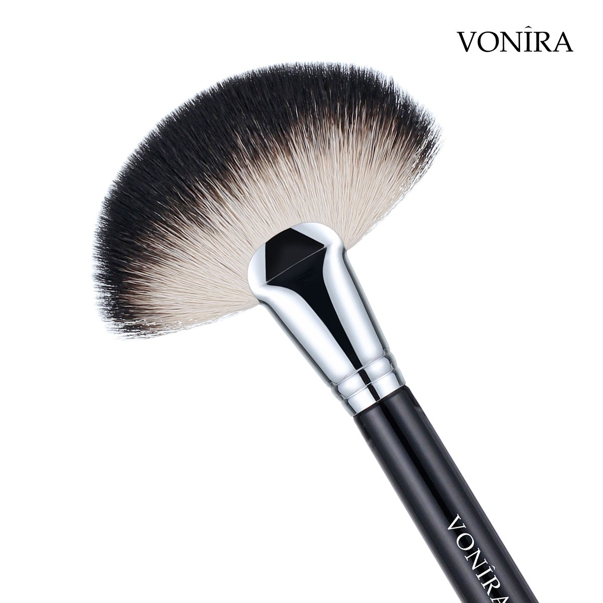 Vonira Beauty Deluxe Large Fan Powder Brush With Matte Black Copper Ferrule Handle Custom Private Label Make up Brushes