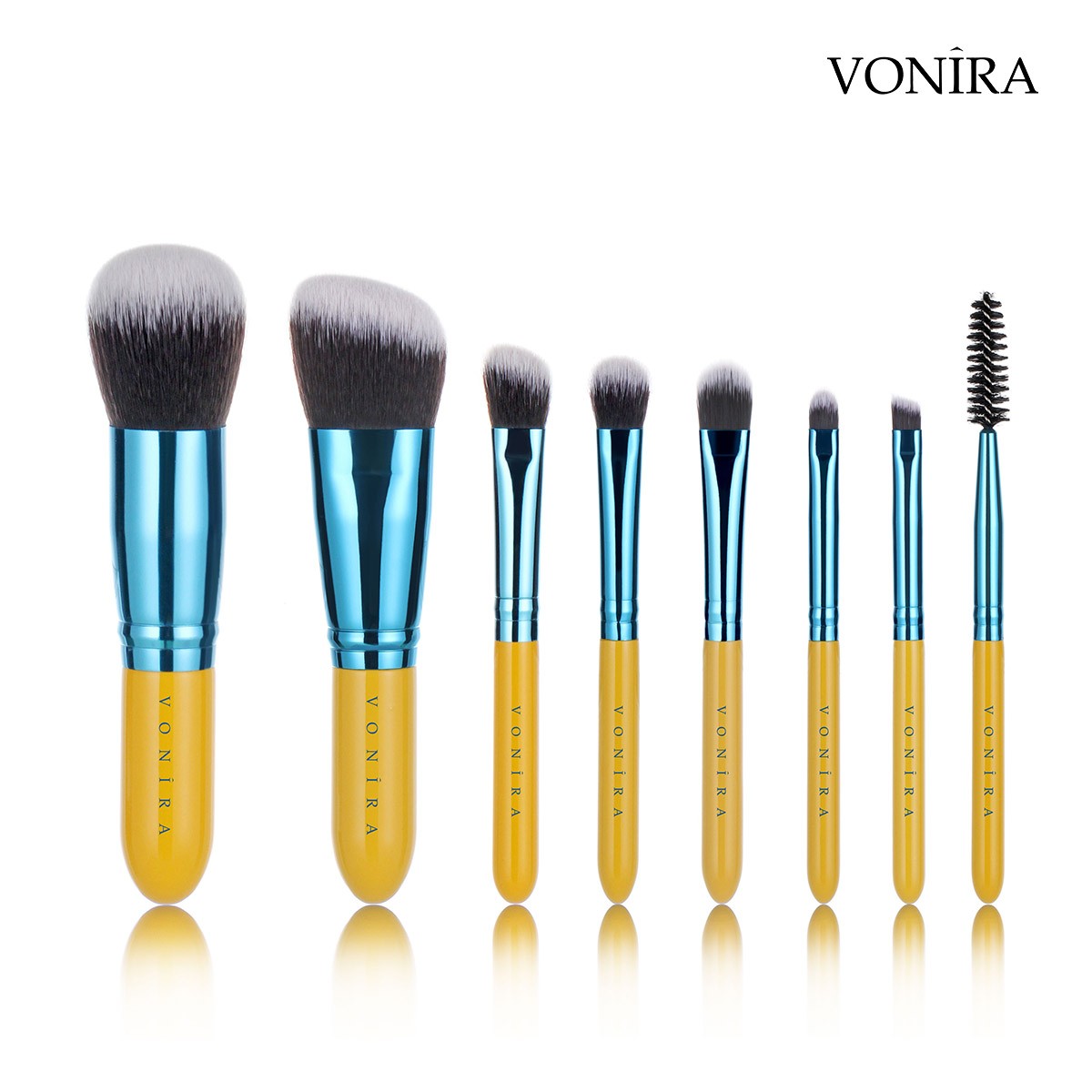 Vonira Beauty Factory Custom Private Label Mini Travel Makeup Cosmetic Brushes Kit With Taklon Synthetic Hair Yellow Birch Wooden Handles
