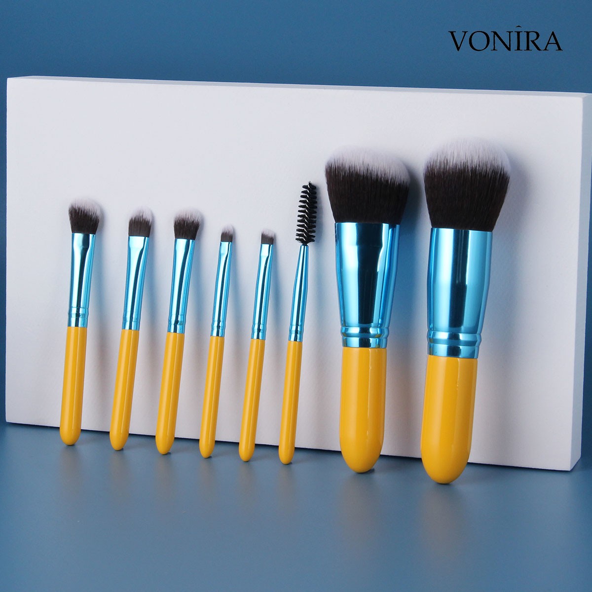 Vonira Beauty Factory Custom Private Label Mini Travel Makeup Cosmetic Brushes Kit With Taklon Synthetic Hair Yellow Birch Wooden Handles