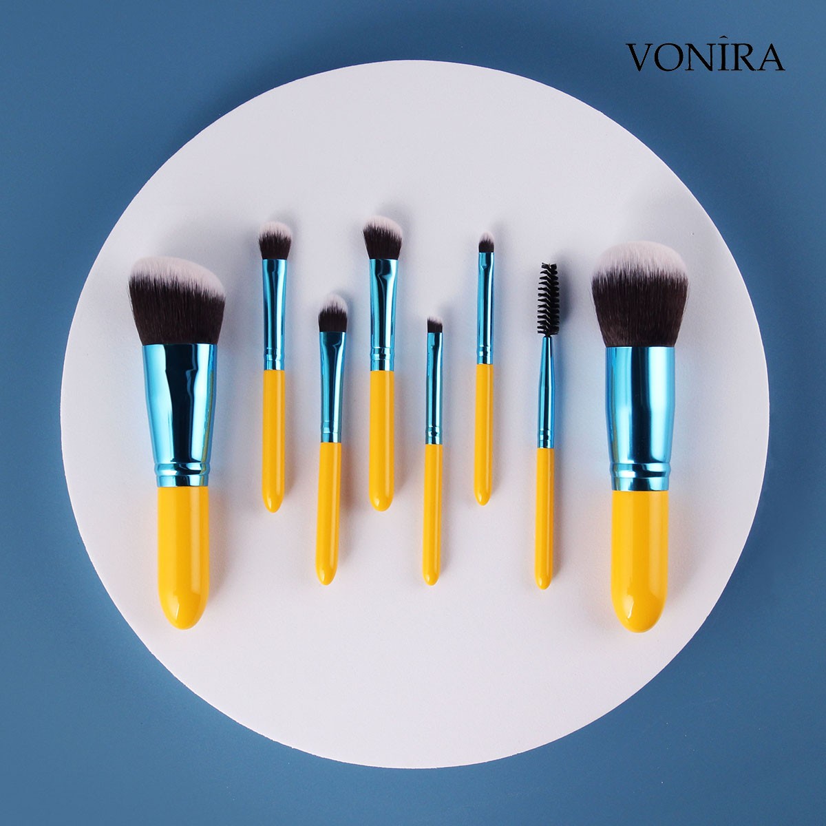 Vonira Beauty Factory Custom Private Label Mini Travel Makeup Cosmetic Brushes Kit With Taklon Synthetic Hair Yellow Birch Wooden Handles