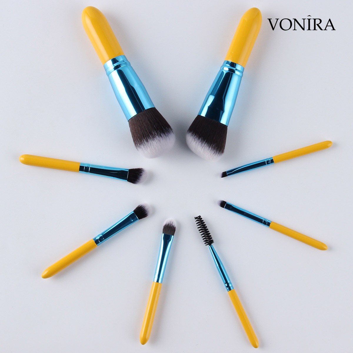Vonira Beauty Factory Custom Private Label Mini Travel Makeup Cosmetic Brushes Kit With Taklon Synthetic Hair Yellow Birch Wooden Handles