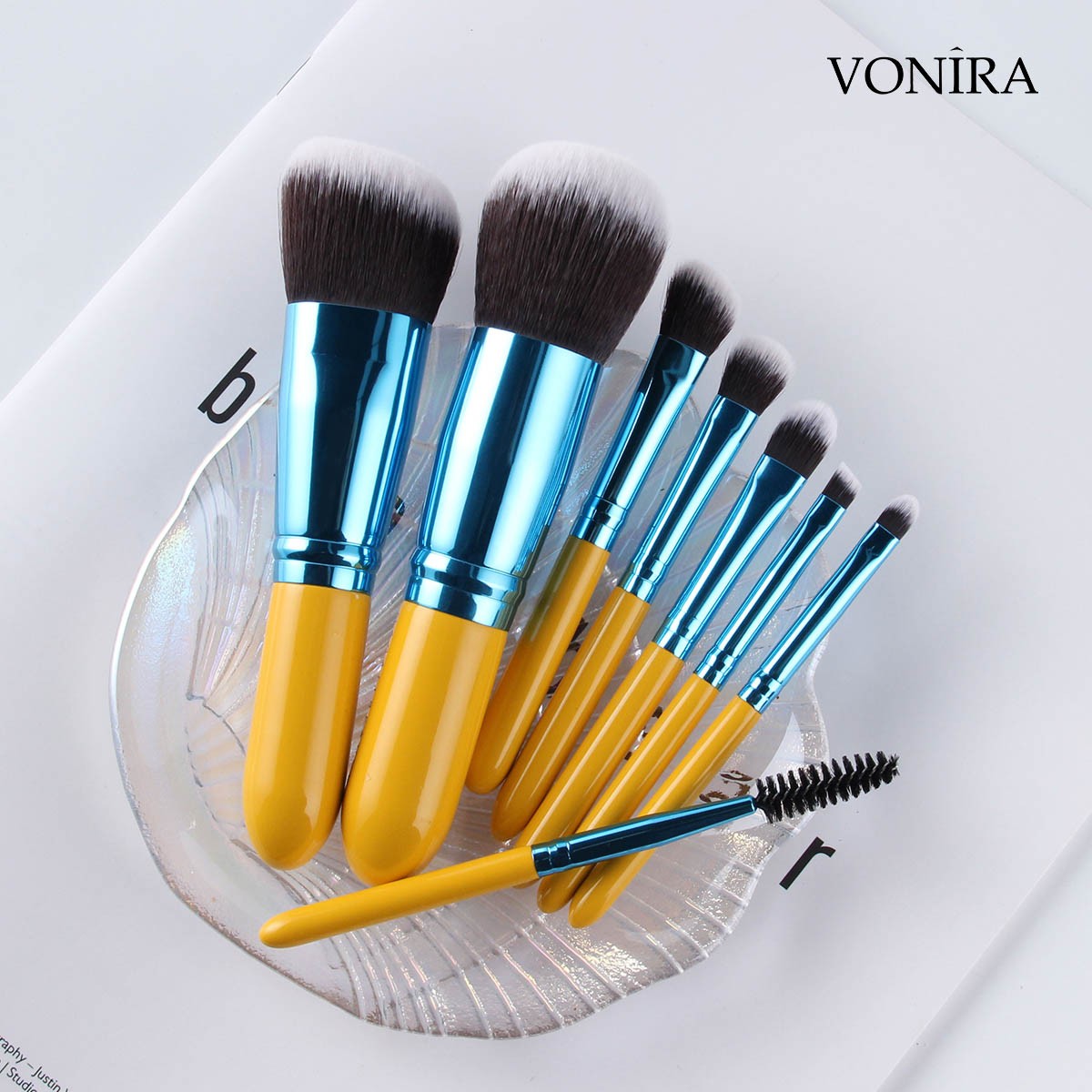 Vonira Beauty Factory Custom Private Label Mini Travel Makeup Cosmetic Brushes Kit With Taklon Synthetic Hair Yellow Birch Wooden Handles
