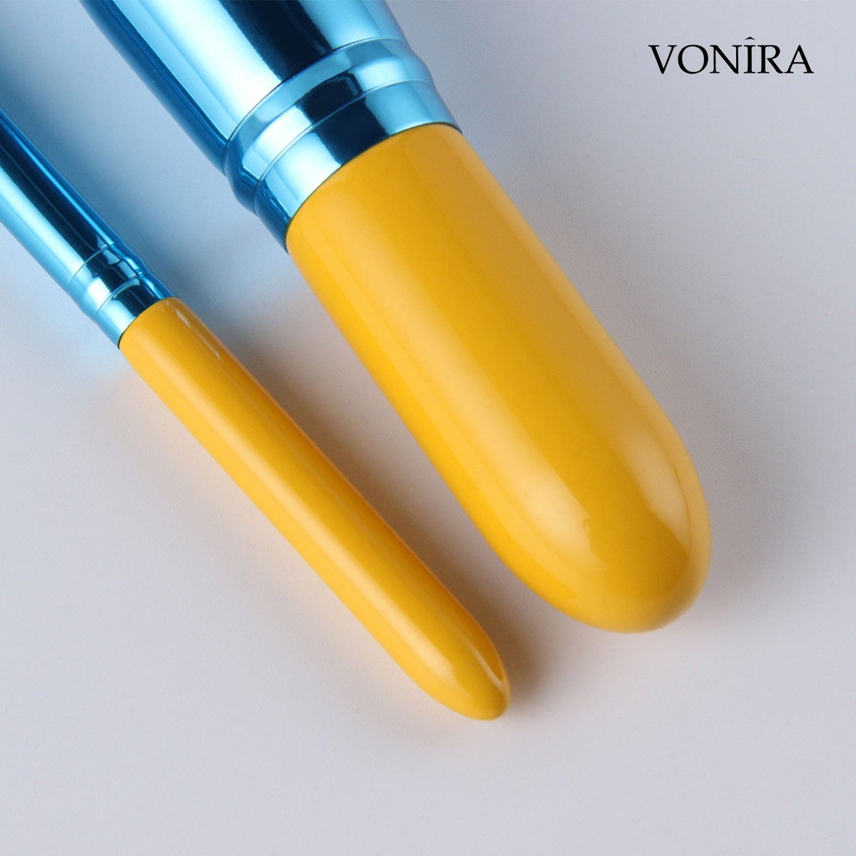 Vonira Beauty Factory Custom Private Label Mini Travel Makeup Cosmetic Brushes Kit With Taklon Synthetic Hair Yellow Birch Wooden Handles