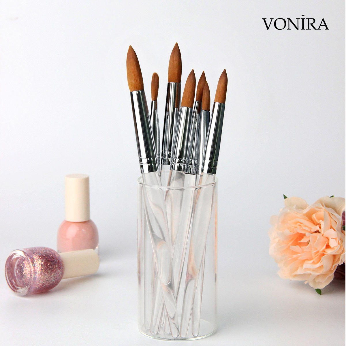 Vonira Beauty Faux Kolinsky Professional Acrylic Nail Art Brushes Oval #8 #10 #12 Round #14 #16 #18 #20 Custom Private Label