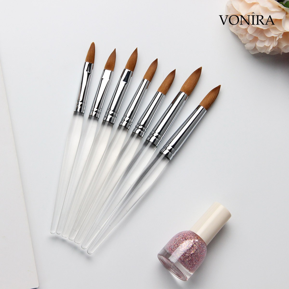 Vonira Beauty Faux Kolinsky Professional Acrylic Nail Art Brushes Oval #8 #10 #12 Round #14 #16 #18 #20 Custom Private Label