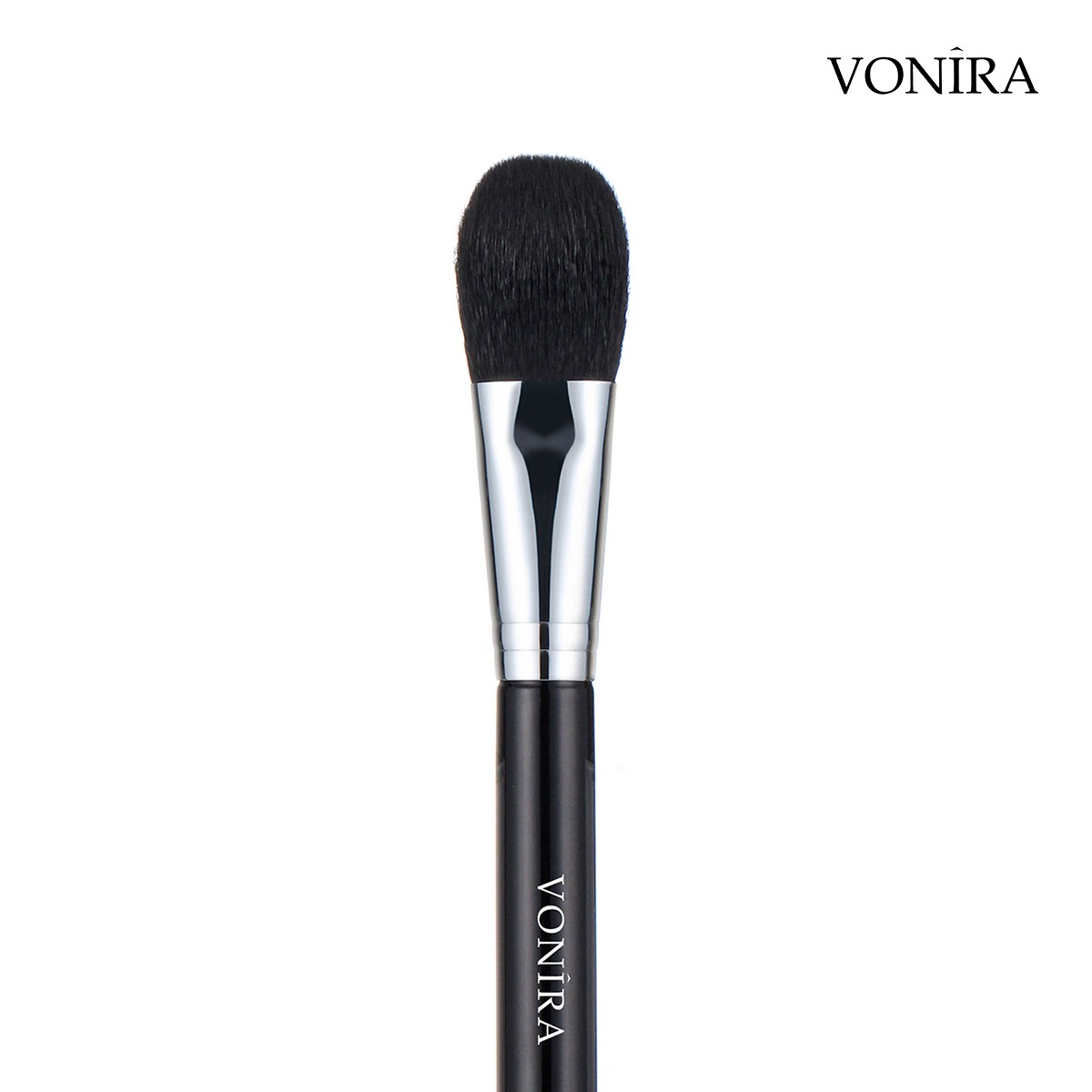 Vonira Beauty Luxury Round & Flat Powder Blush Brush With Silver Copper Ferrule Matte Black Wood Handle
