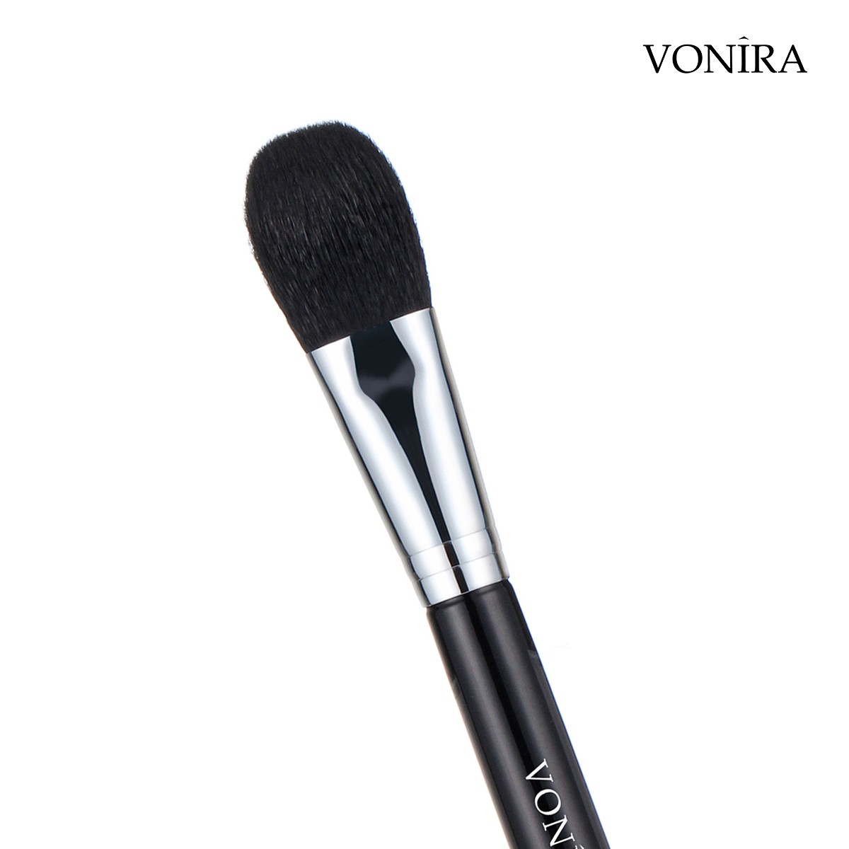 Vonira Beauty Luxury Round & Flat Powder Blush Brush With Silver Copper Ferrule Matte Black Wood Handle