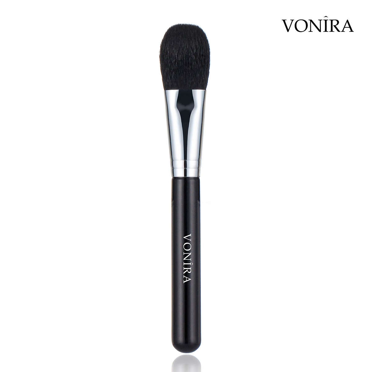 Vonira Beauty Luxury Round & Flat Powder Blush Brush With Silver Copper Ferrule Matte Black Wood Handle