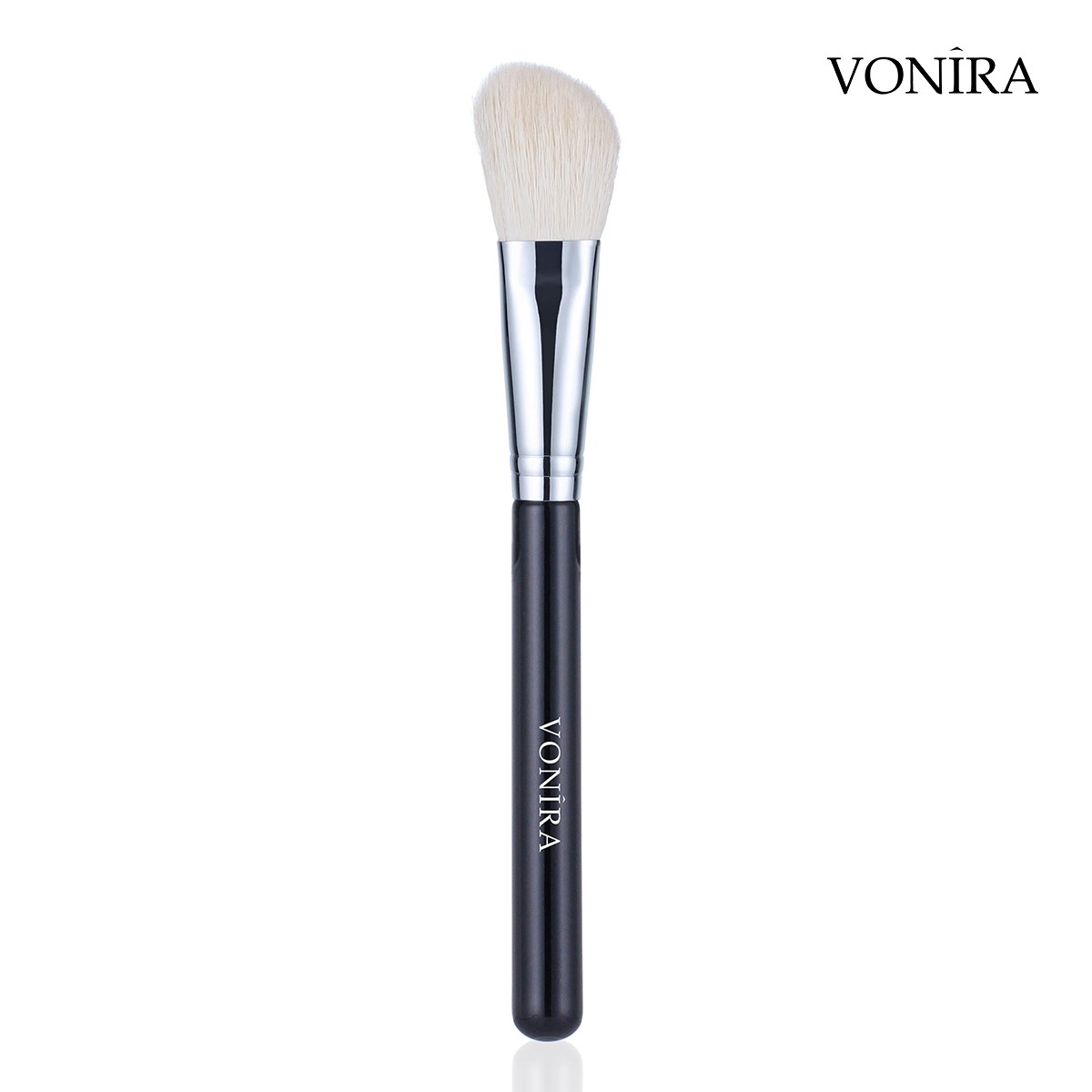 Vonira Beauty Natural White Animal Slant Cheek Angled Contouring Blush Brush With Silver Copper Ferrule Black Handle Custom Private Label Service