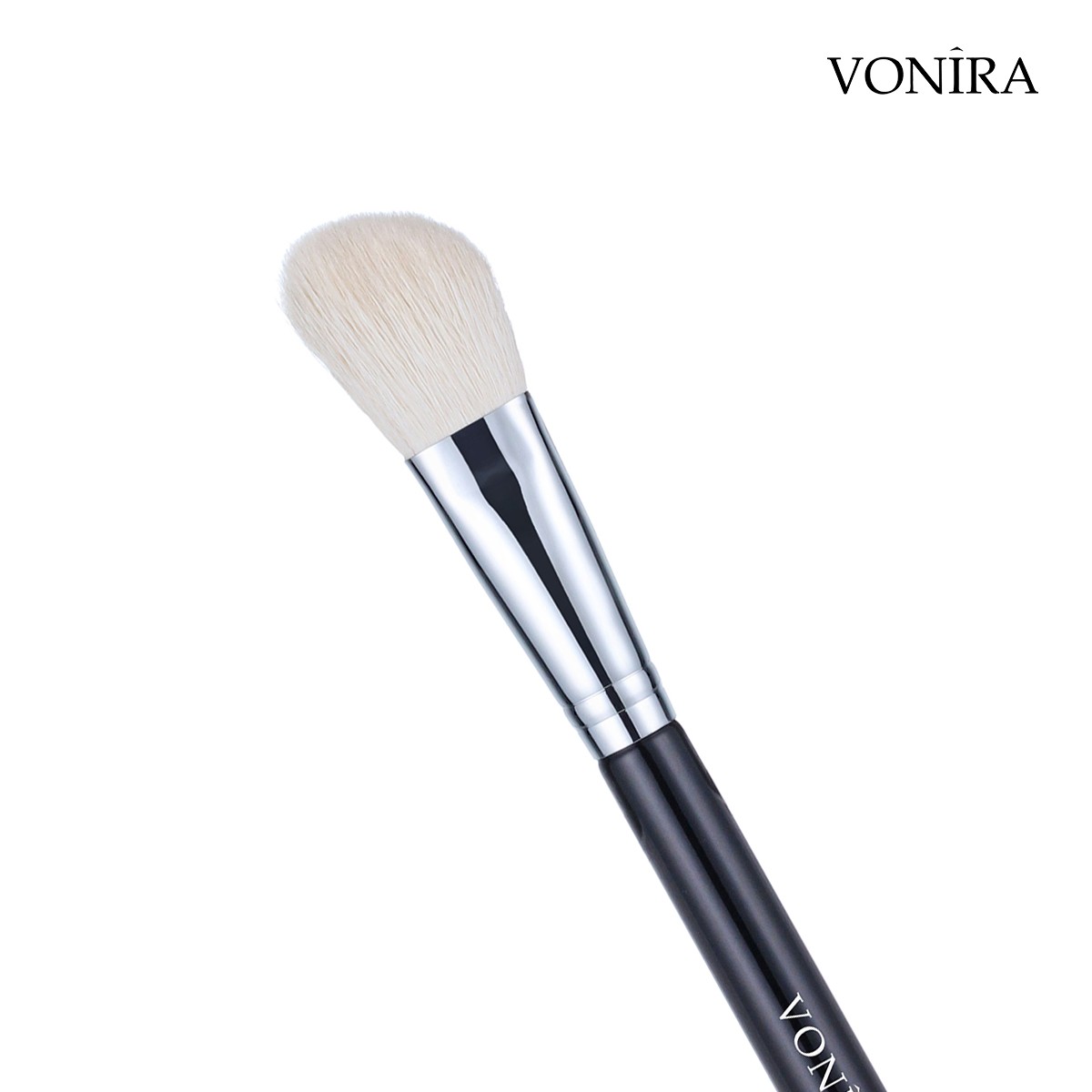 Vonira Beauty Natural White Animal Slant Cheek Angled Contouring Blush Brush With Silver Copper Ferrule Black Handle Custom Private Label Service