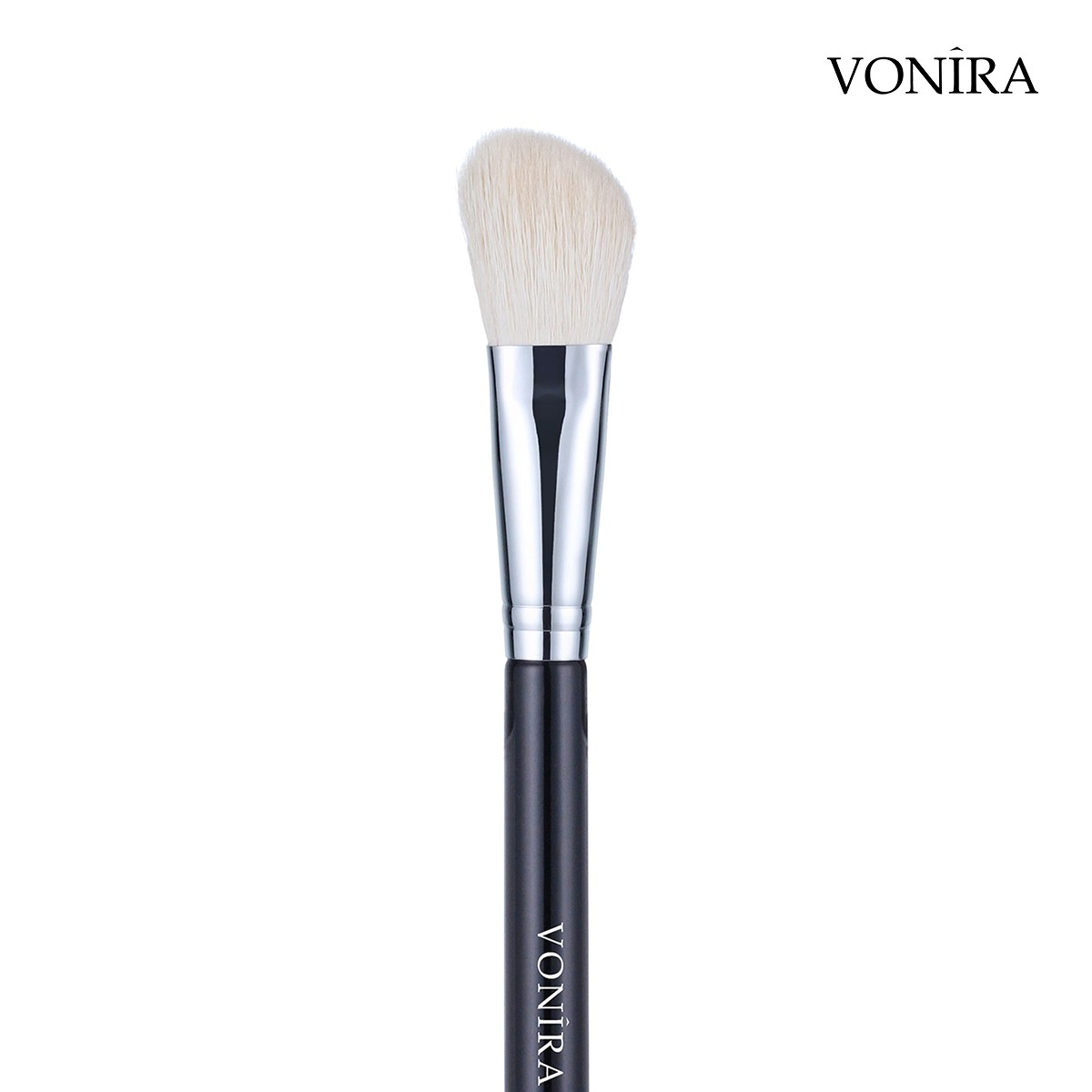 Vonira Beauty Natural White Animal Slant Cheek Angled Contouring Blush Brush With Silver Copper Ferrule Black Handle Custom Private Label Service