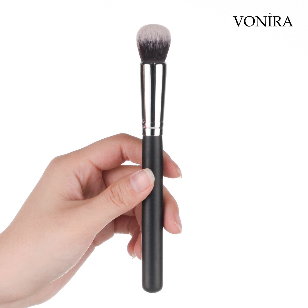 Vonira Beauty Wholesale Face Shape Contouring Brush With Silver Copper Ferrule Black Handle Custom Private Label Service