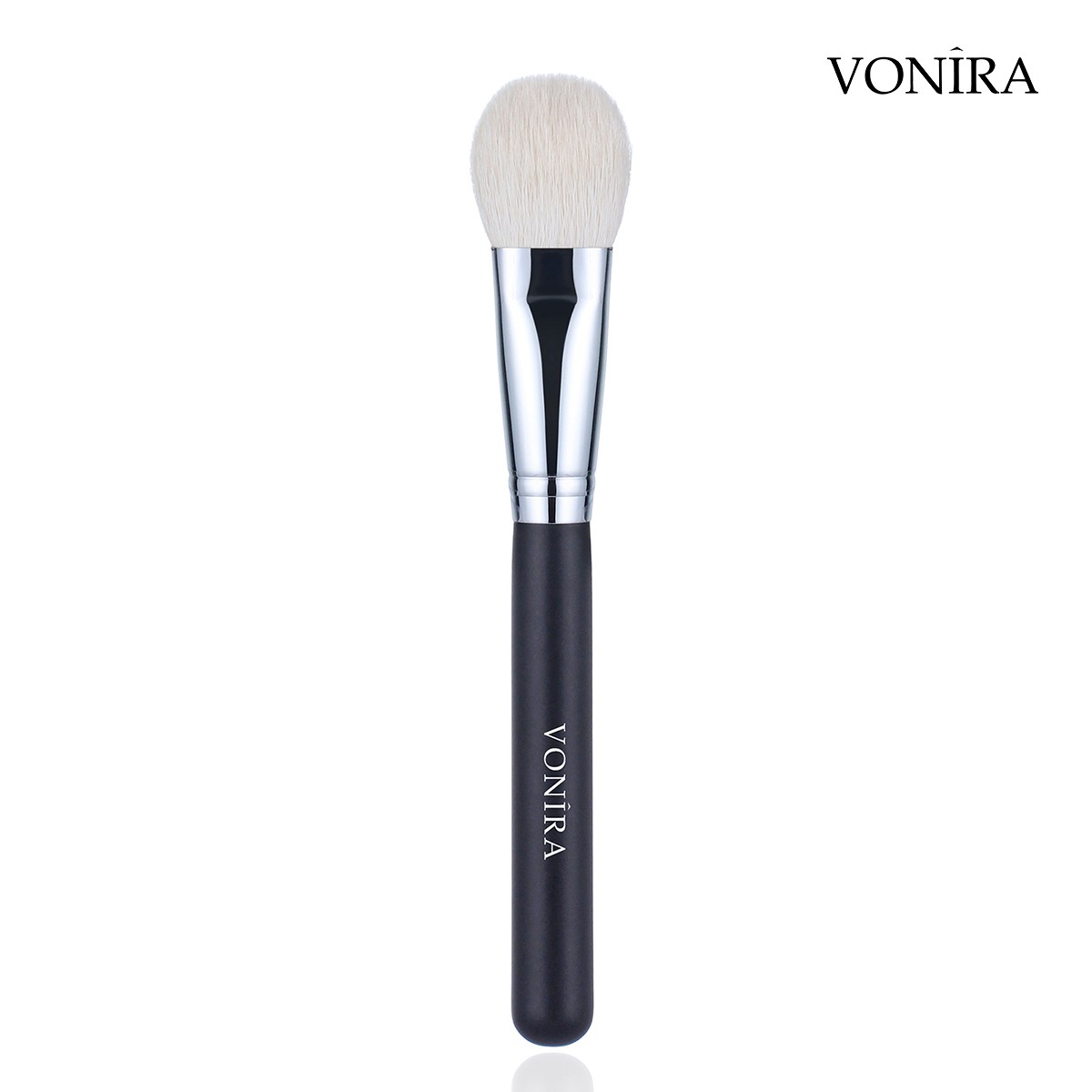 Vonira Beauty Wholesale Luxe Natural White Goat Hair Face Cheek Finishing Brush With Silver Copper Black Handle Custom Private Label Service