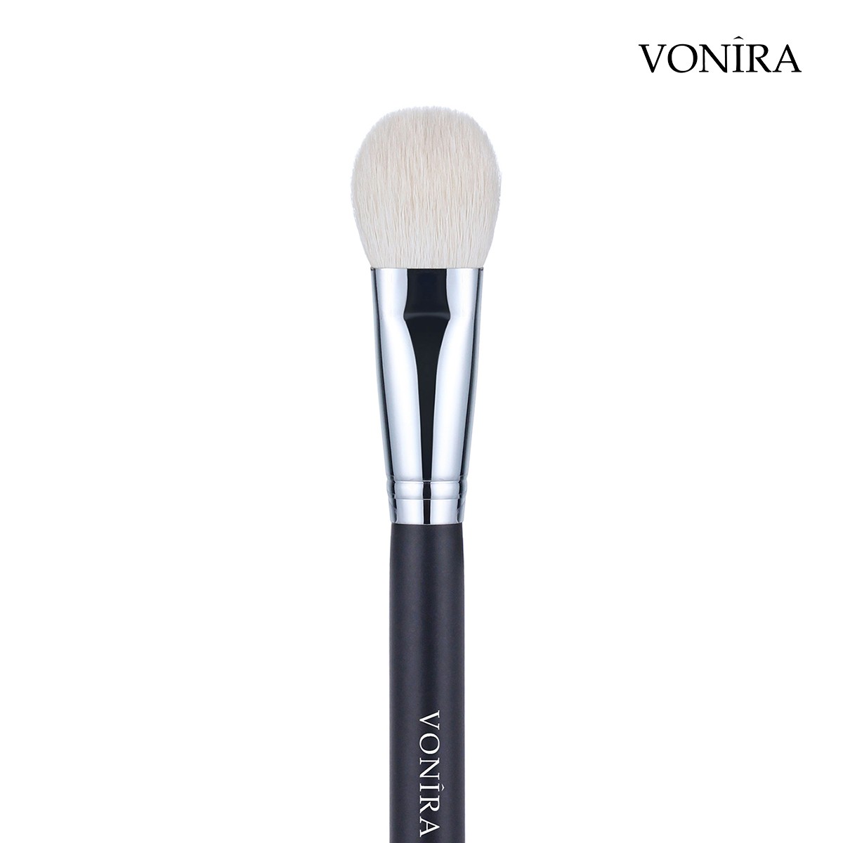 Vonira Beauty Wholesale Luxe Natural White Goat Hair Face Cheek Finishing Brush With Silver Copper Black Handle Custom Private Label Service