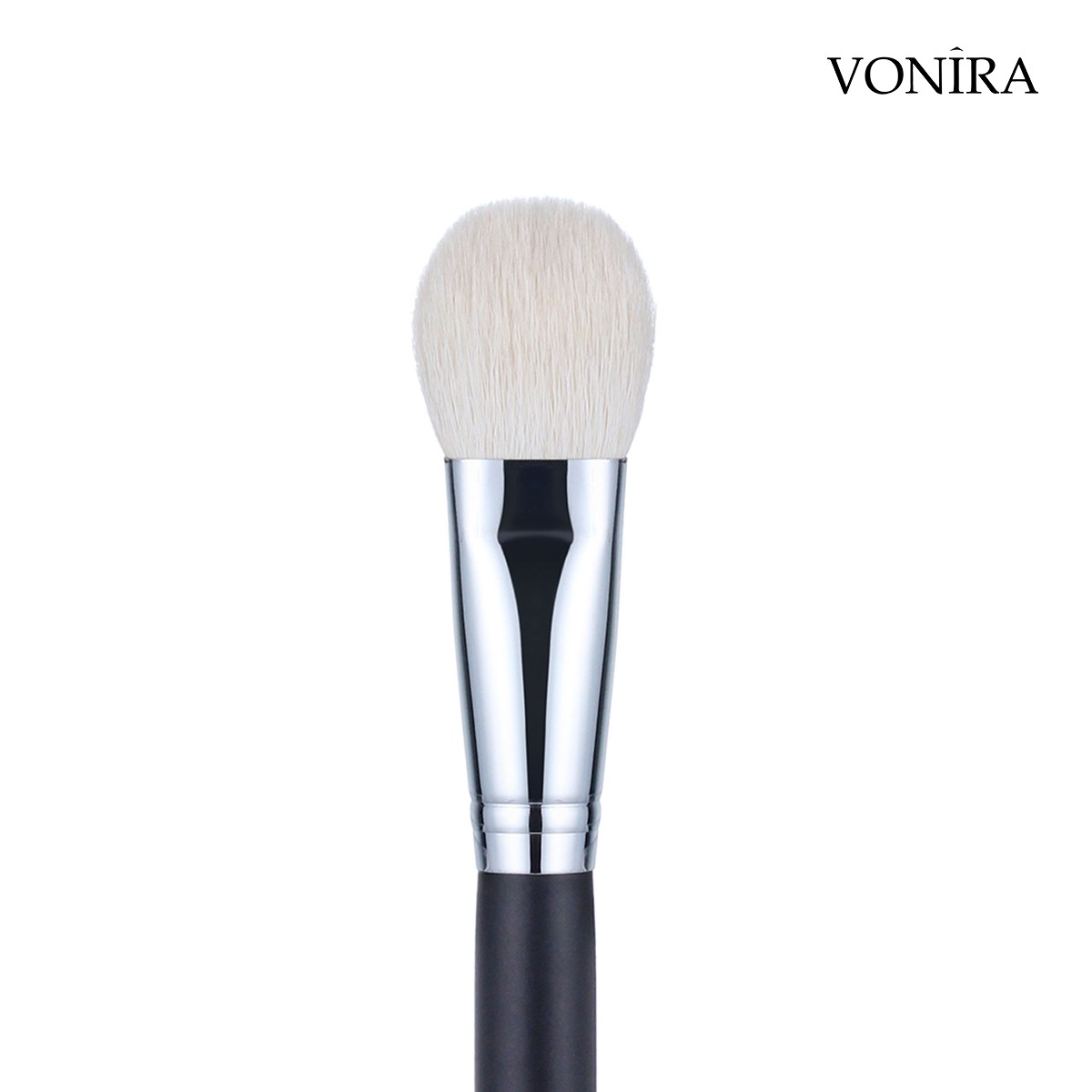 Vonira Beauty Wholesale Luxe Natural White Goat Hair Face Cheek Finishing Brush With Silver Copper Black Handle Custom Private Label Service