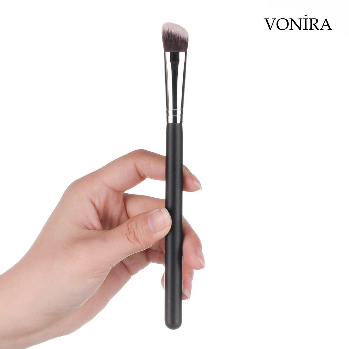 Vonira Beauty Wholesale Makeup Slanted Concealer Sculpting Makeup Contour Brush With Silver Copper Ferrule Wood Birch Handle Priavte Label