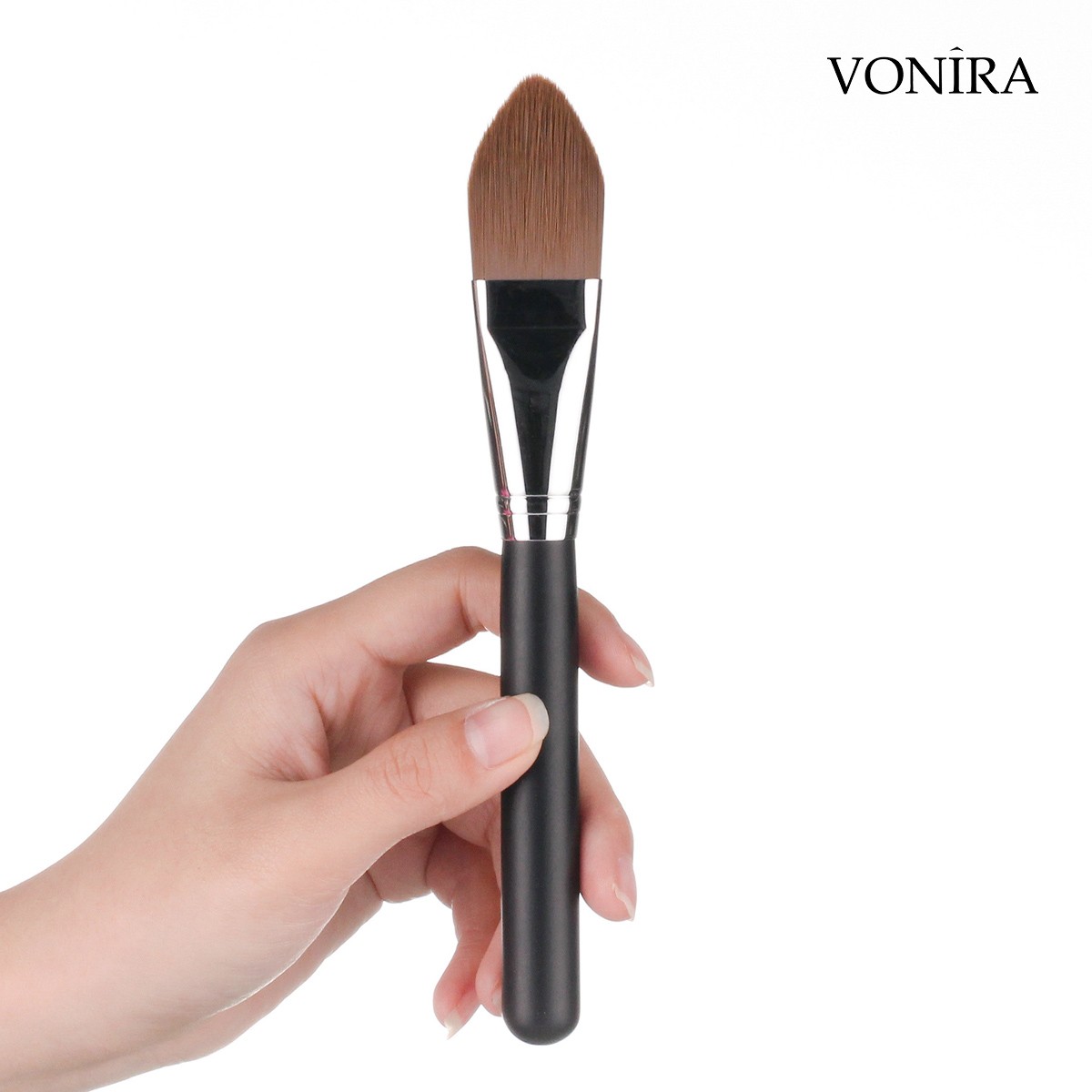 Vonira Beauty Wholesale Precision Sharp Pointed Makeup Foundation Brush With Silver Copper Ferrule Black Handle Custom Private Label Service