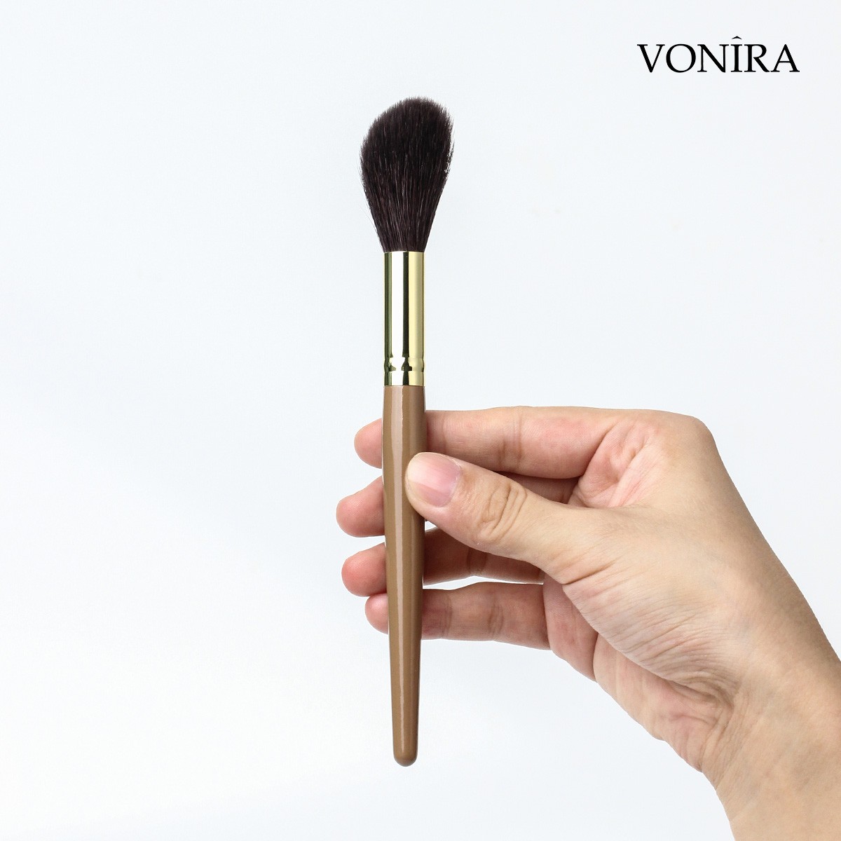 Vonira Beauty Custom Private Label Luxury Angled Long Blush Bronzer Blending Brush With Brown Handle Gold Copper Ferrule Color