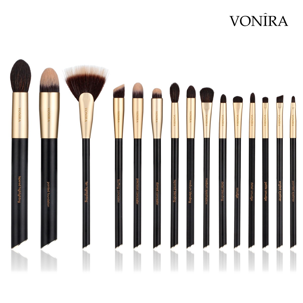 Vonira Custom Private Label Pro 22 Pcs Makeup Brush Set Powder Foundation Cosmetic Tool Set Pinceaux De Maquillage With Gold Ferrule Angle Metal Handles