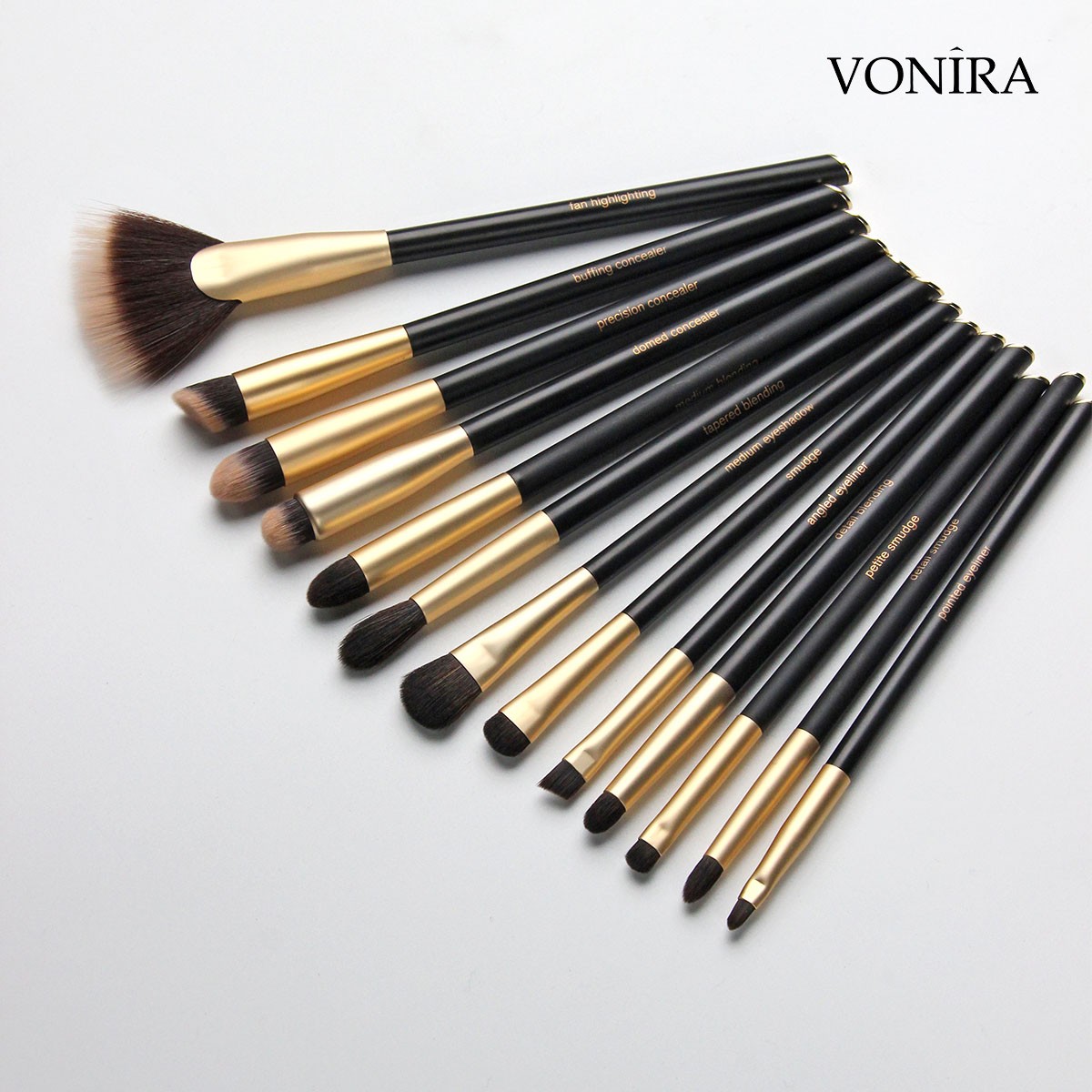 Vonira Custom Private Label Pro 22 Pcs Makeup Brush Set Powder Foundation Cosmetic Tool Set Pinceaux De Maquillage With Gold Ferrule Angle Metal Handles