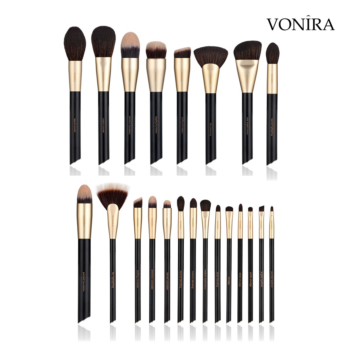 Vonira Custom Private Label Pro 22 Pcs Makeup Brush Set Powder Foundation Cosmetic Tool Set Pinceaux De Maquillage With Gold Ferrule Angle Metal Handles