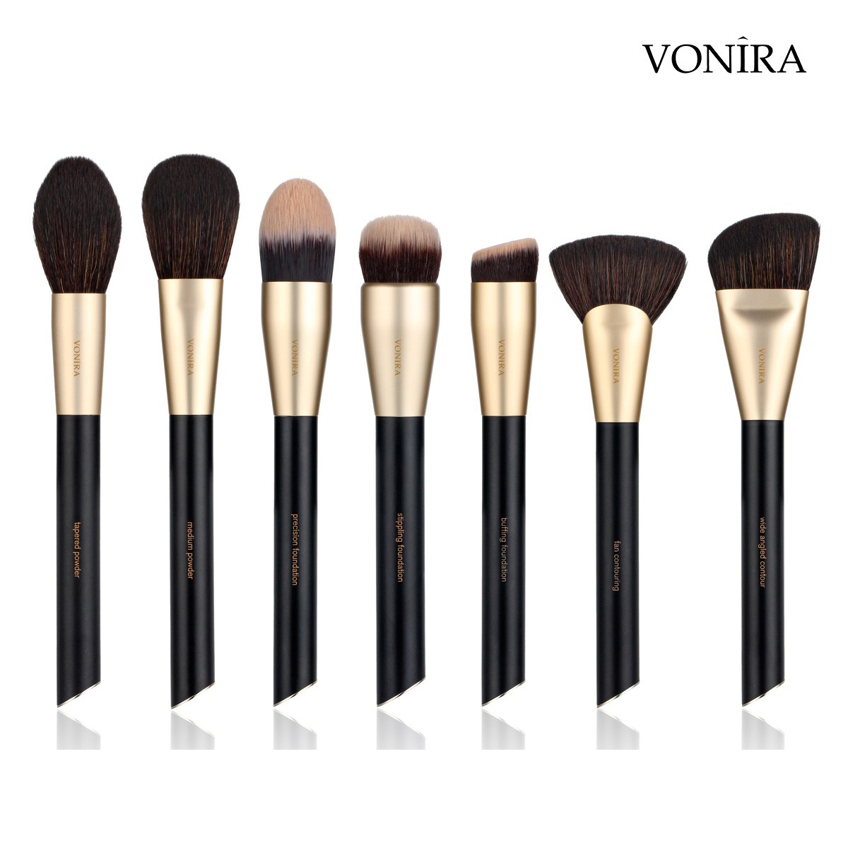 Vonira Custom Private Label Pro 22 Pcs Makeup Brush Set Powder Foundation Cosmetic Tool Set Pinceaux De Maquillage With Gold Ferrule Angle Metal Handles