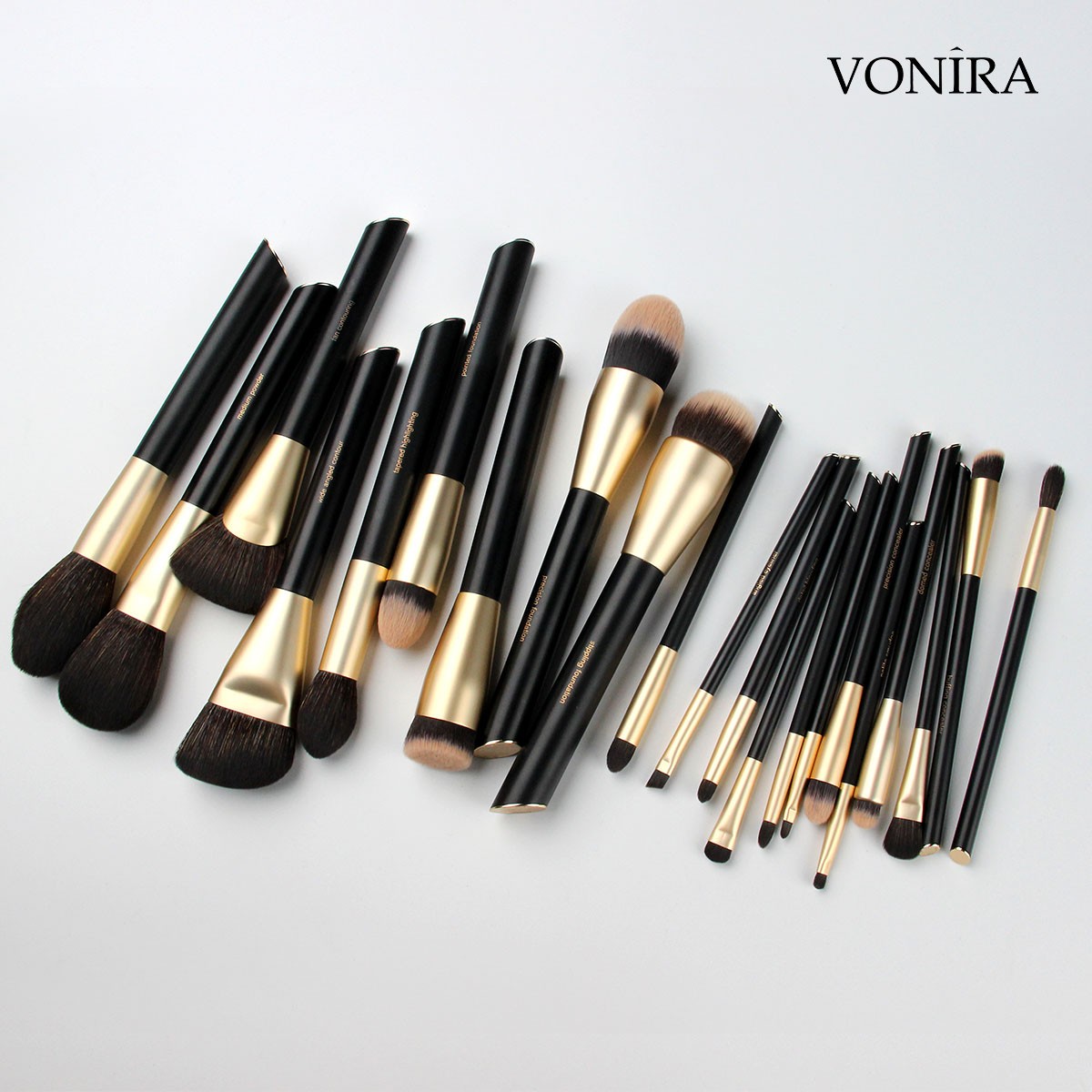 Vonira Custom Private Label Pro 22 Pcs Makeup Brush Set Powder Foundation Cosmetic Tool Set Pinceaux De Maquillage With Gold Ferrule Angle Metal Handles