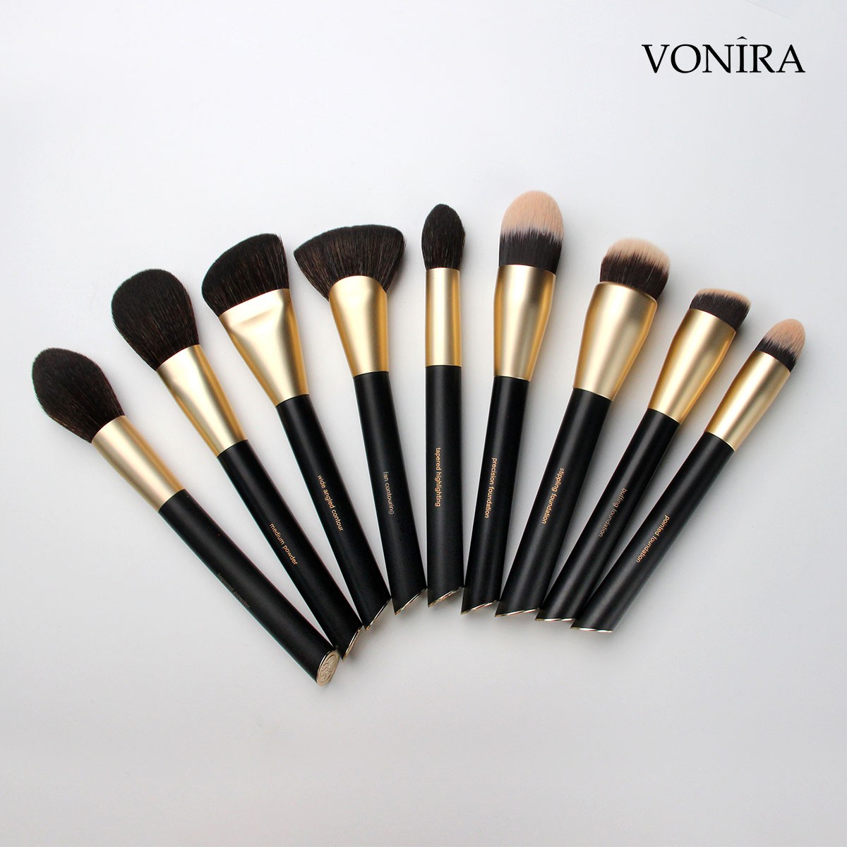 Vonira Custom Private Label Pro 22 Pcs Makeup Brush Set Powder Foundation Cosmetic Tool Set Pinceaux De Maquillage With Gold Ferrule Angle Metal Handles