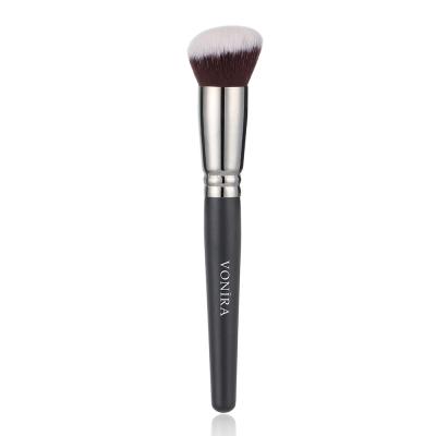 Vonira Custom Private Label Round Slanted Foundation Buffer Makeup Brushes With Silver Brass Ferrule Matte Black Handle 