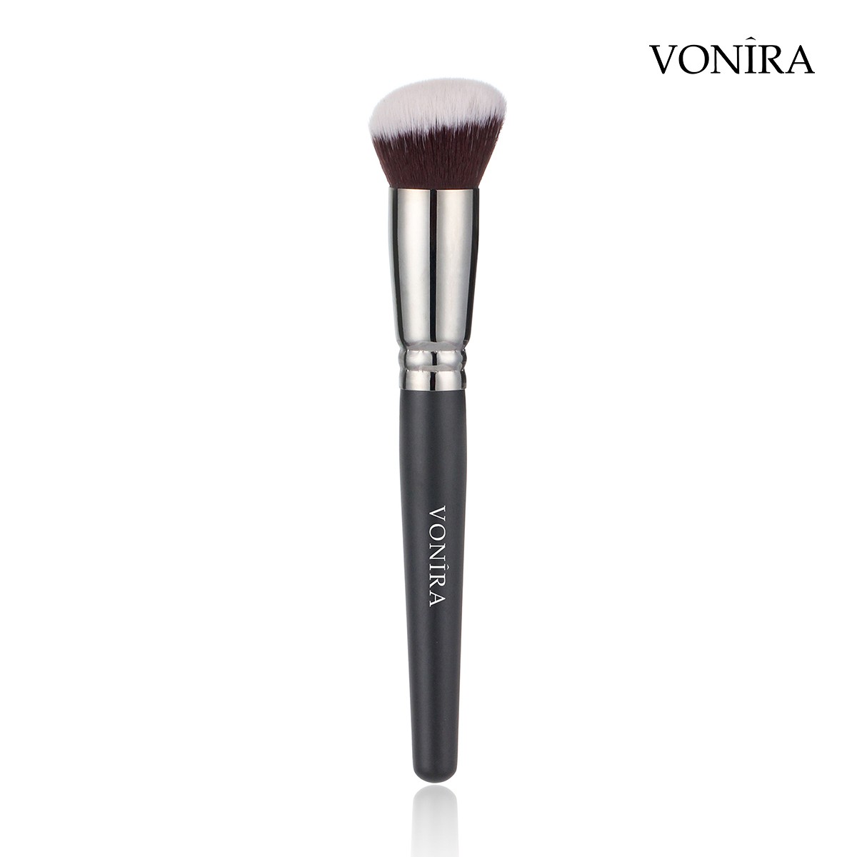 Vonira Custom Private Label Round Slanted Foundation Buffer Makeup Brushes With Silver Brass Ferrule Matte Black Handle