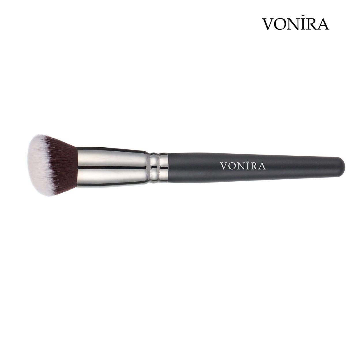 Vonira Custom Private Label Round Slanted Foundation Buffer Makeup Brushes With Silver Brass Ferrule Matte Black Handle