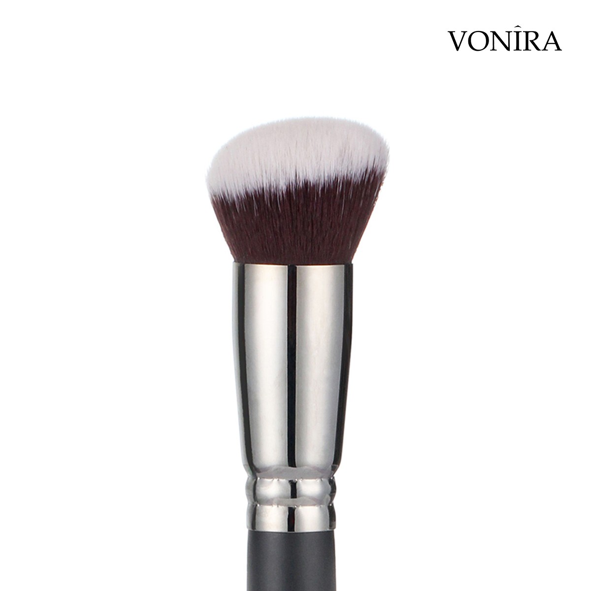 Vonira Custom Private Label Round Slanted Foundation Buffer Makeup Brushes With Silver Brass Ferrule Matte Black Handle