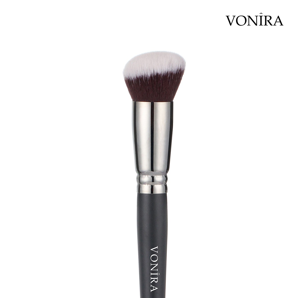 Vonira Custom Private Label Round Slanted Foundation Buffer Makeup Brushes With Silver Brass Ferrule Matte Black Handle