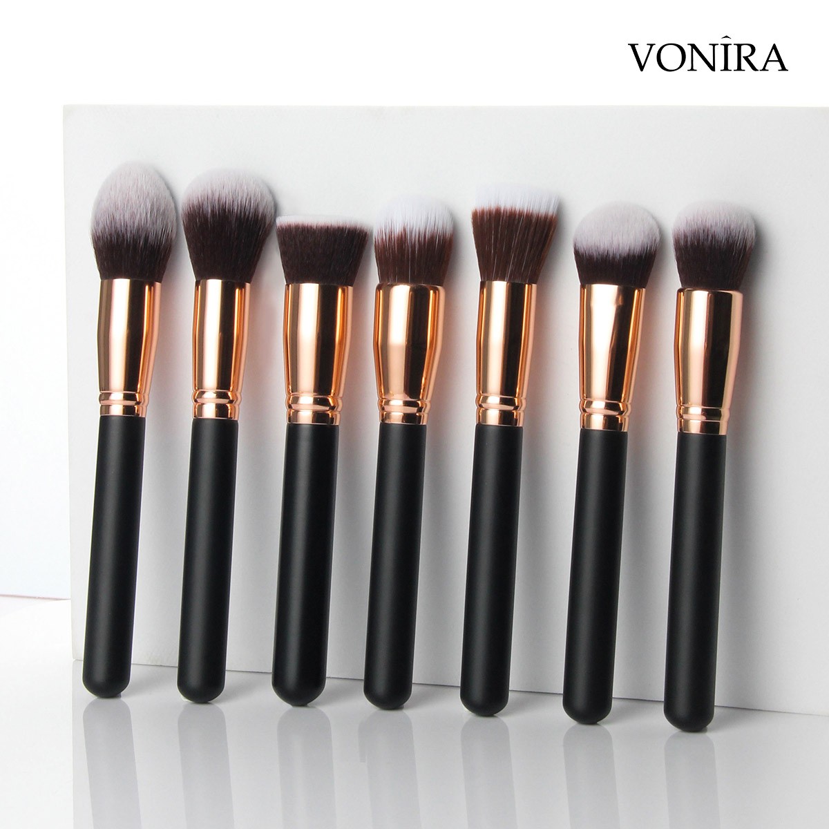 Vonira Factory Custom Private Label Complete 27 Pcs Professional Makeup Brushes Set With Rosy Gold Ferrule Matte Black Handles