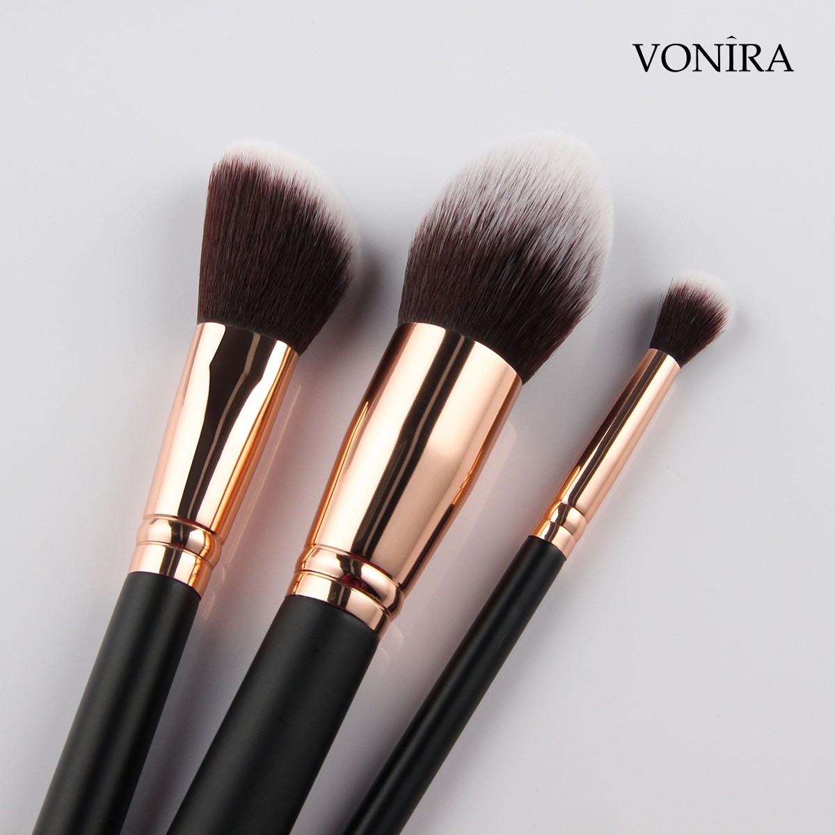 Vonira Factory Custom Private Label Complete 27 Pcs Professional Makeup Brushes Set With Rosy Gold Ferrule Matte Black Handles