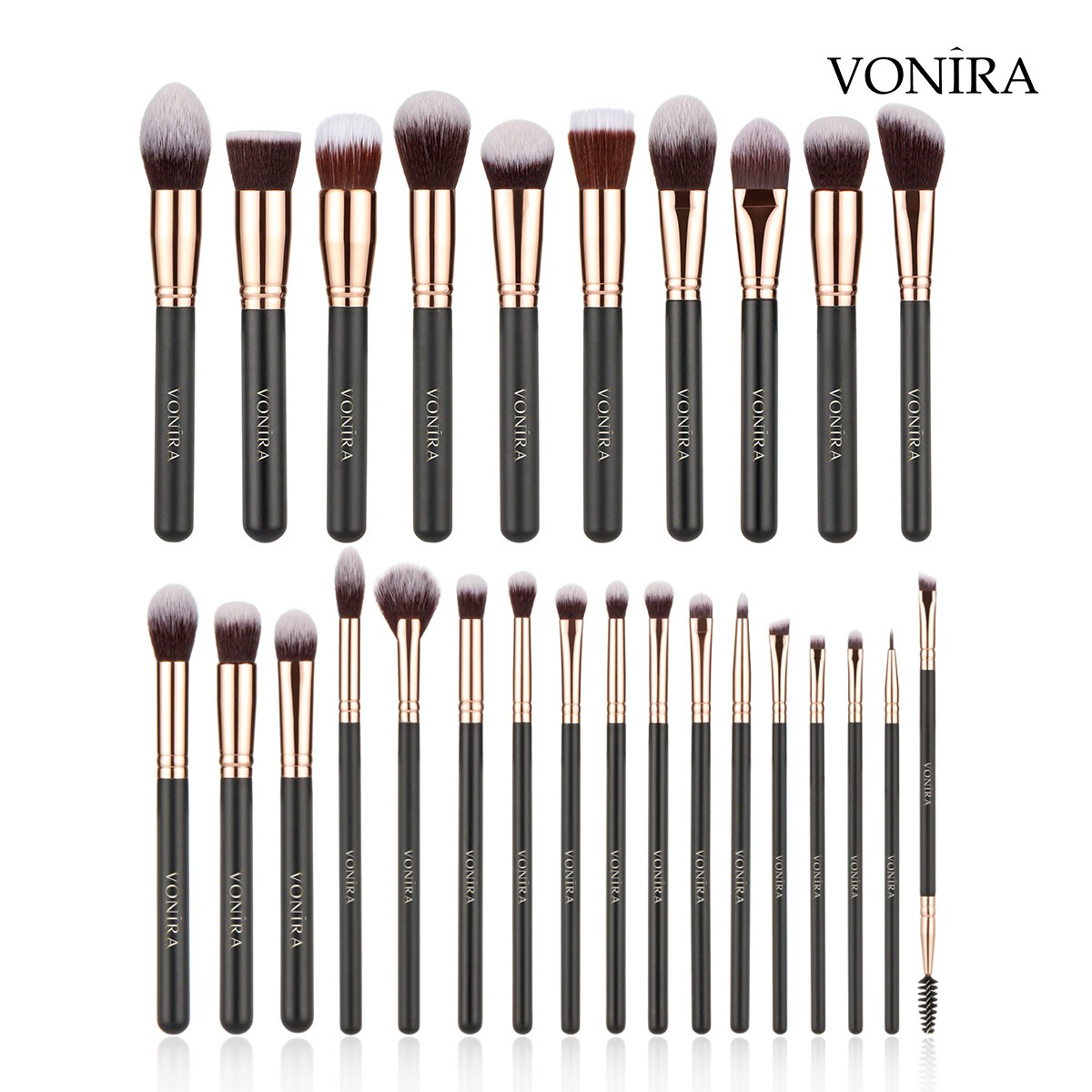 Vonira Factory Custom Private Label Complete 27 Pcs Professional Makeup Brushes Set With Rosy Gold Ferrule Matte Black Handles