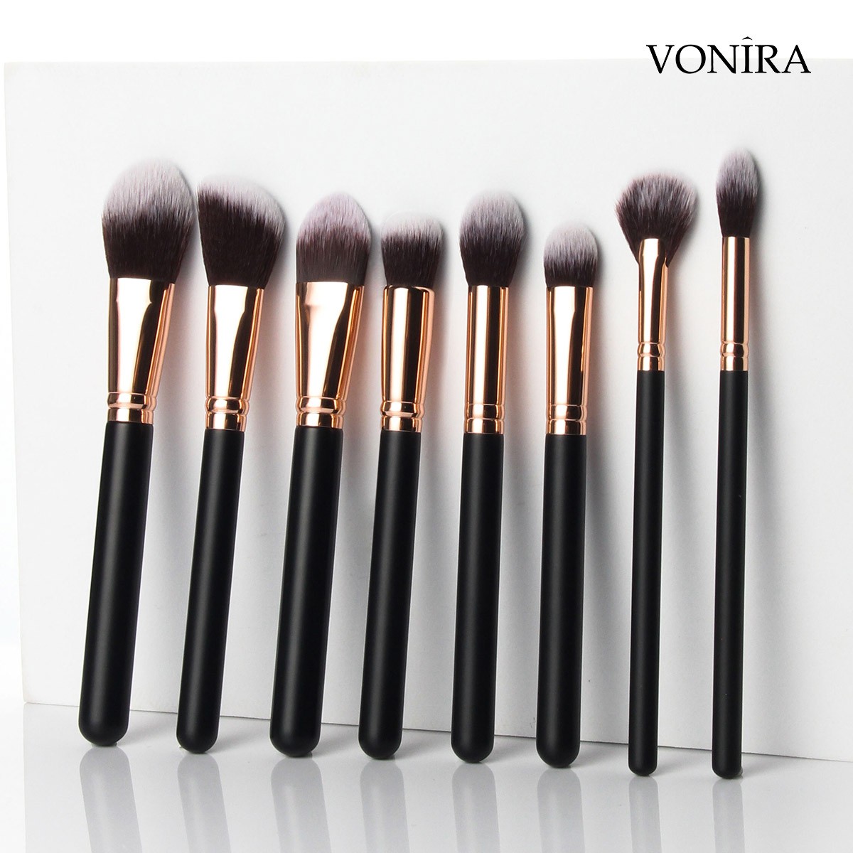 Vonira Factory Custom Private Label Complete 27 Pcs Professional Makeup Brushes Set With Rosy Gold Ferrule Matte Black Handles