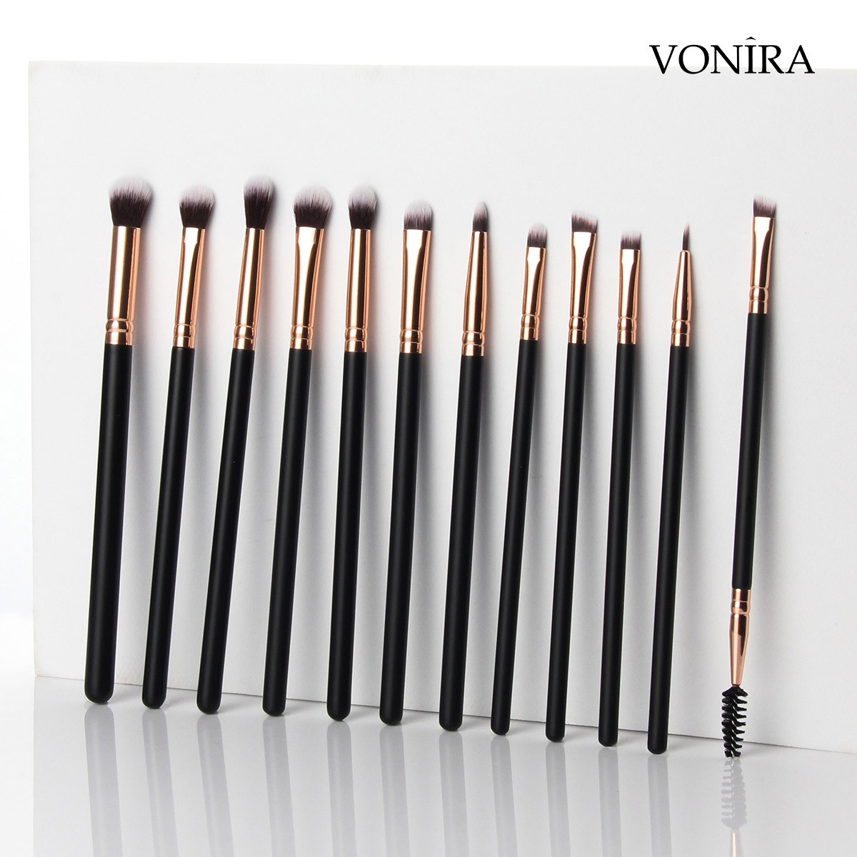 Vonira Factory Custom Private Label Complete 27 Pcs Professional Makeup Brushes Set With Rosy Gold Ferrule Matte Black Handles