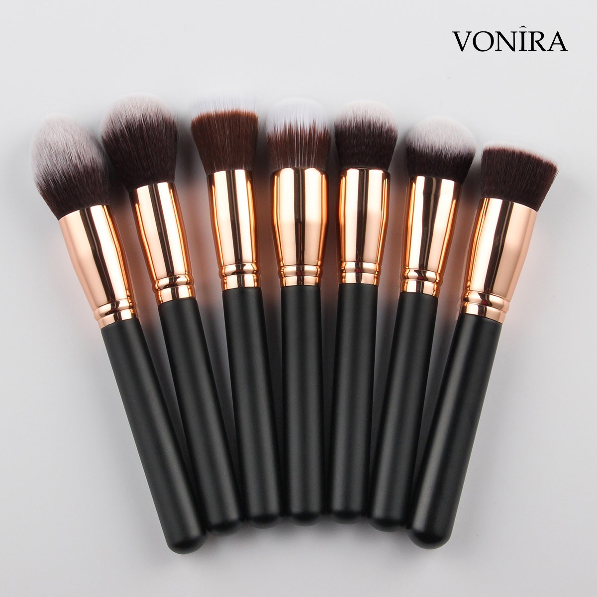 Vonira Factory Custom Private Label Complete 27 Pcs Professional Makeup Brushes Set With Rosy Gold Ferrule Matte Black Handles
