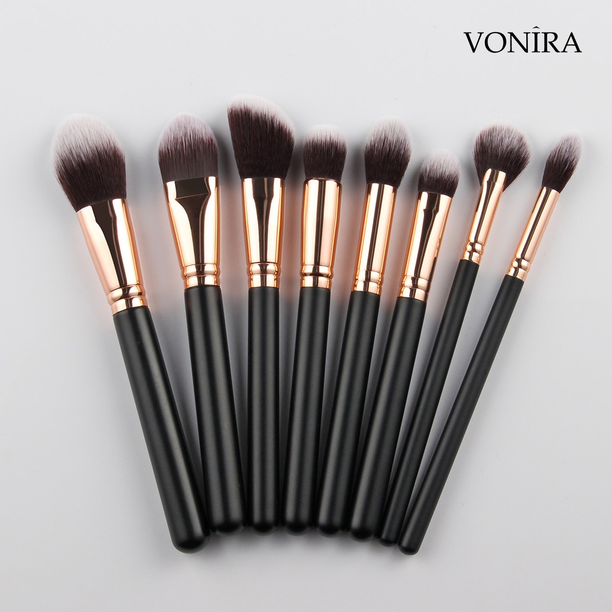 Vonira Factory Custom Private Label Complete 27 Pcs Professional Makeup Brushes Set With Rosy Gold Ferrule Matte Black Handles