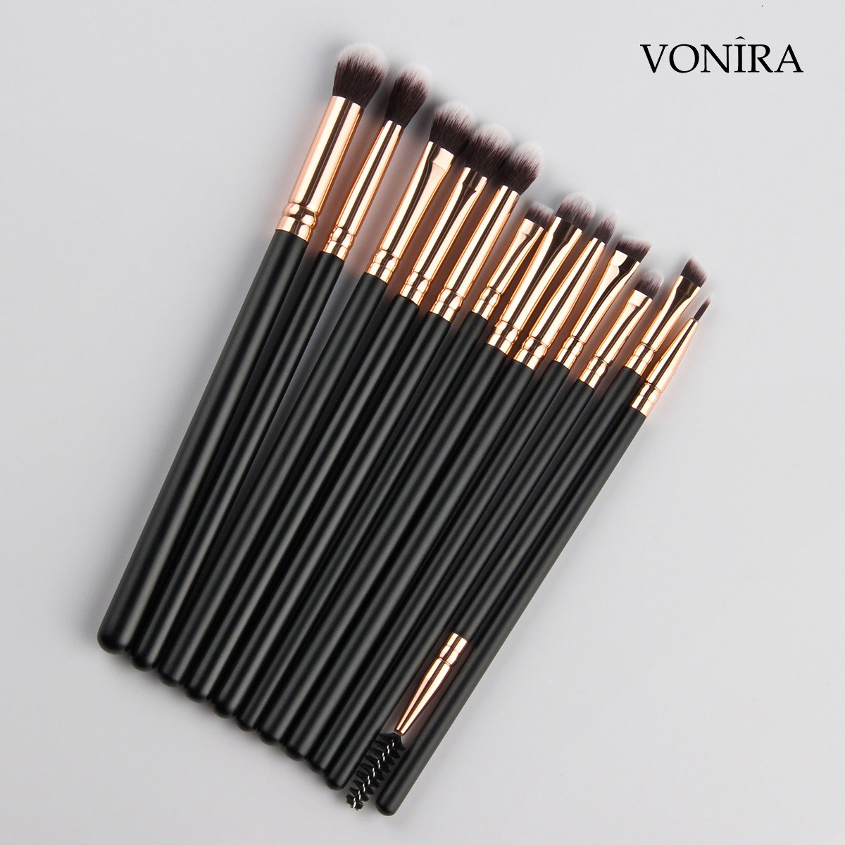Vonira Factory Custom Private Label Complete 27 Pcs Professional Makeup Brushes Set With Rosy Gold Ferrule Matte Black Handles