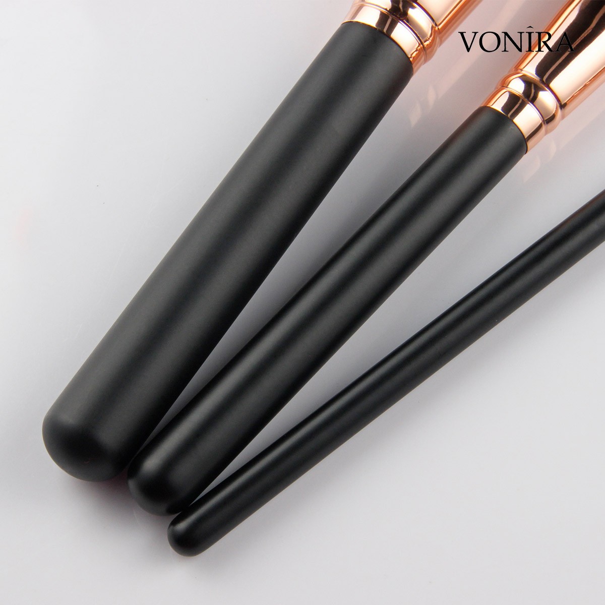Vonira Factory Custom Private Label Complete 27 Pcs Professional Makeup Brushes Set With Rosy Gold Ferrule Matte Black Handles