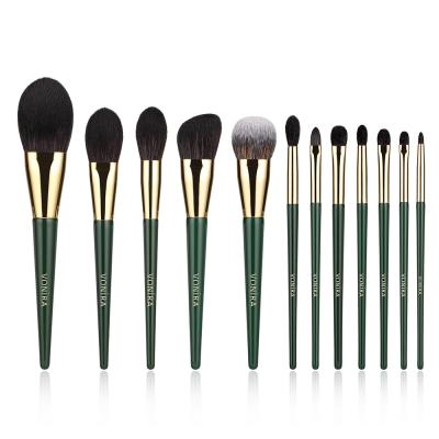 Vonira Beauty Luxurious Handcrafted Essential 12 Pieces Makeup Brush Set With Deep Emerald Green Color Hanlde Gold Copper Ferrule