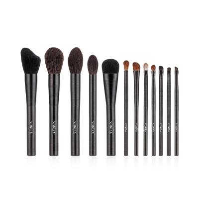 Vonira Luxury 12 Piece Natural Goat Pony Fox Vegan Hair Makeup Brush Set With Black Wire Drawing Metal Handle Ferrules