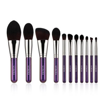 Vonira Mini Pocket Travel 11 Pieces Makeup Brush Set With Glitter Purple Handle Copper Ferrule