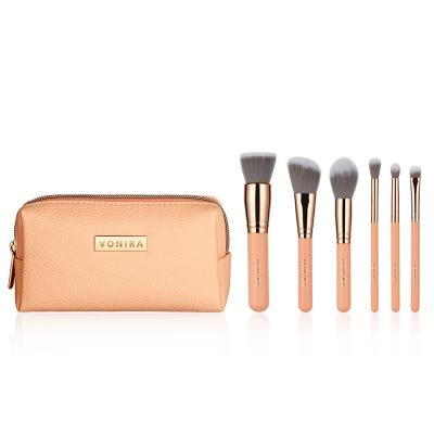 Vonira 6PCS Mini Rosy Pink Cosmetic Brush Set with Makeup Bag Travel Makeup Brush Kit