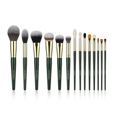 Vonira Affordable Premium Synthetic Gold Green Color Basic 14 Pieces Makeup Brush Set With Gift Box